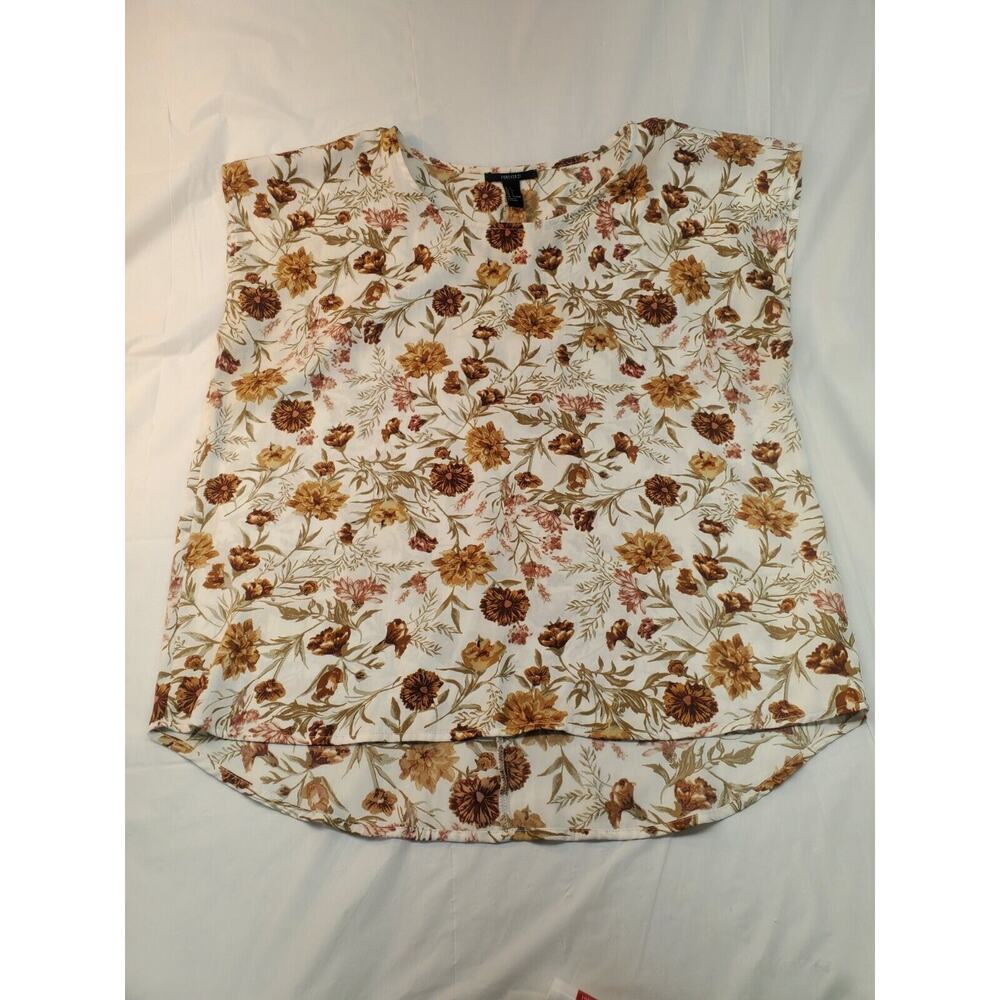 Forever 21 Cream Maroon Floral Short Sleeved Blouse Size Large Light Weight